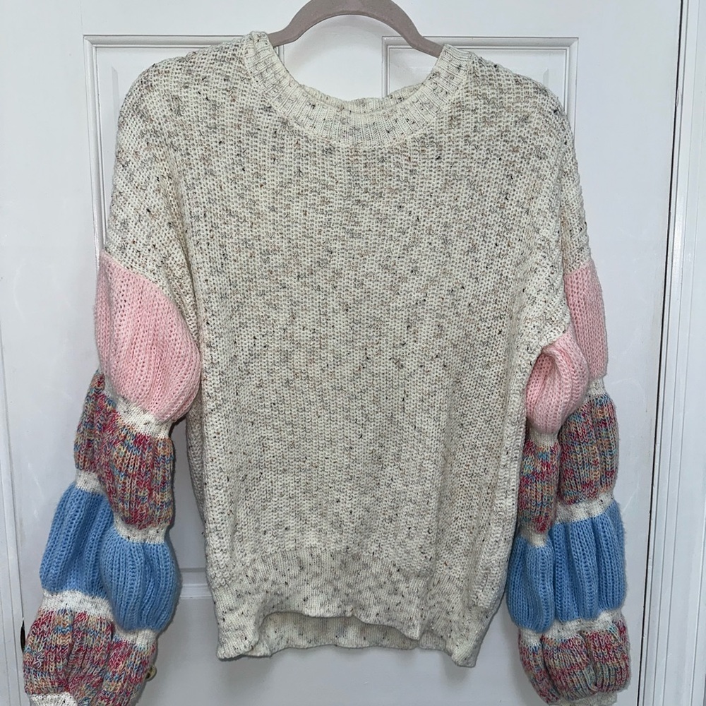 SHEIN Cream, Pink and Blue Crew Neck Sweater with Color Block Sleeves